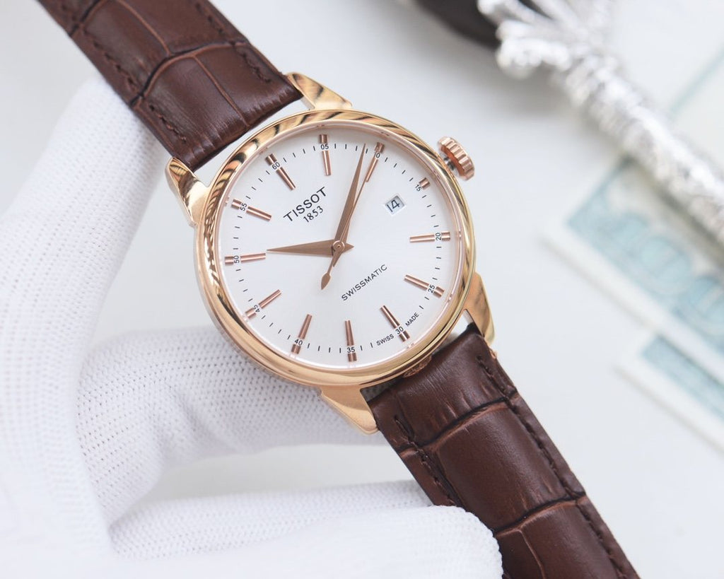 Tissot Rose Gold Brown White Dial Strap Watch — front