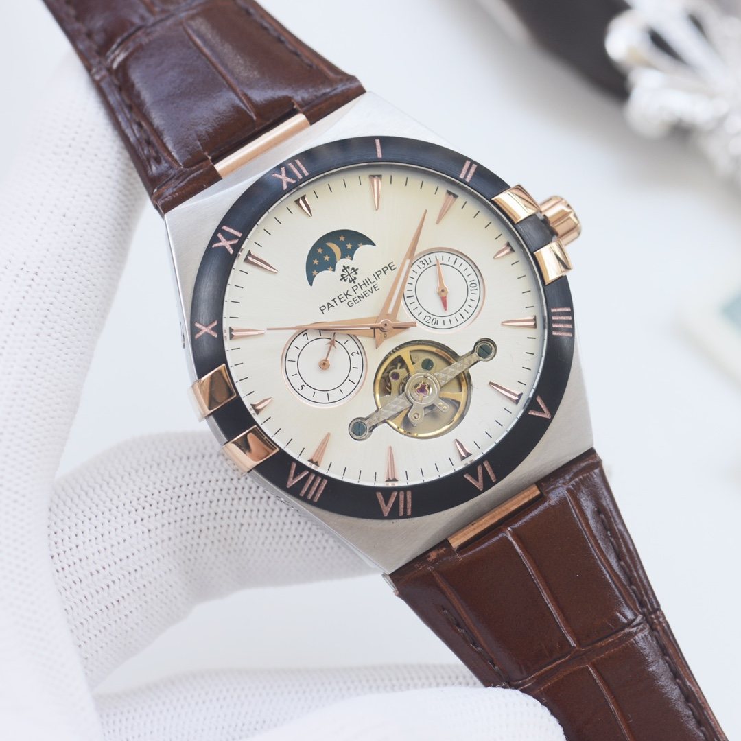 Patek Philippe Brown Rose Gold Leather Strap Watch — hero