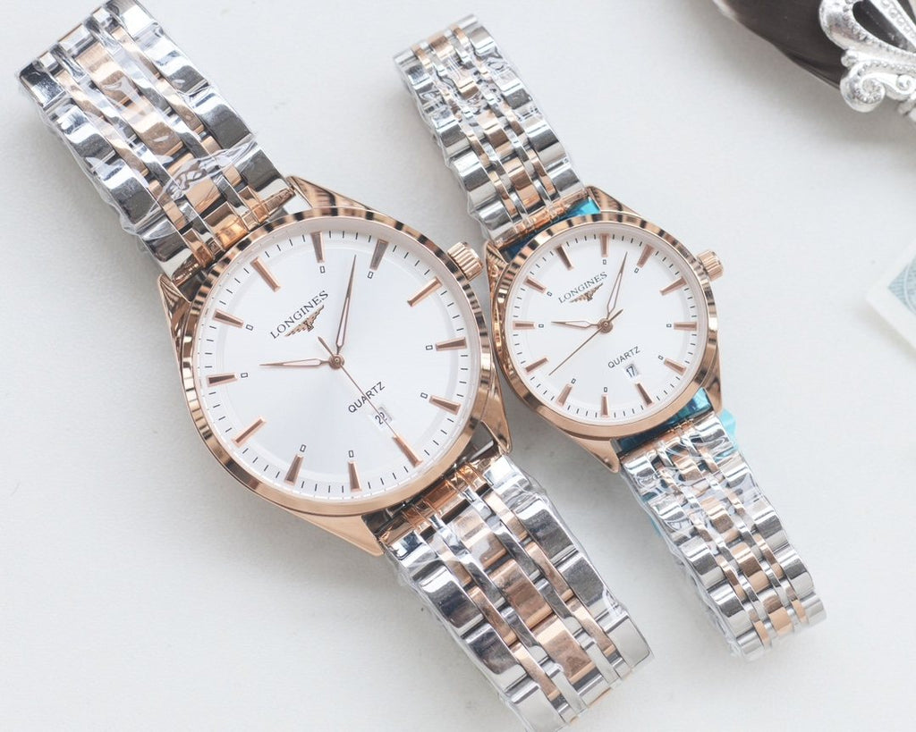 Longines Silver Rose Gold White Dial Couple Watch Set — hero