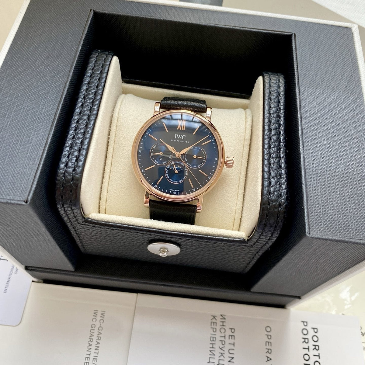IWC Rose Gold Black Strap Watch — hero